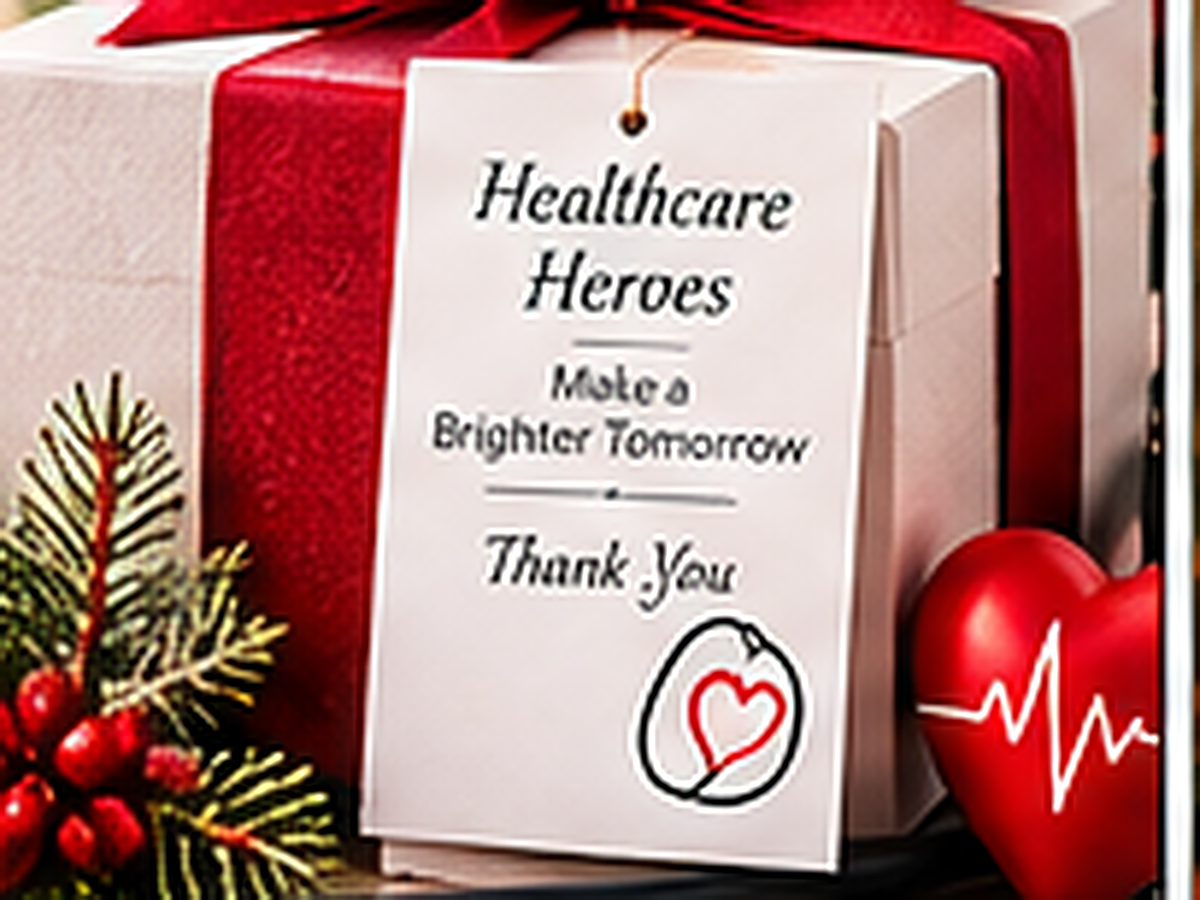 Gift box with a red ribbon and a Healthcare Heroes thank-you tag.
